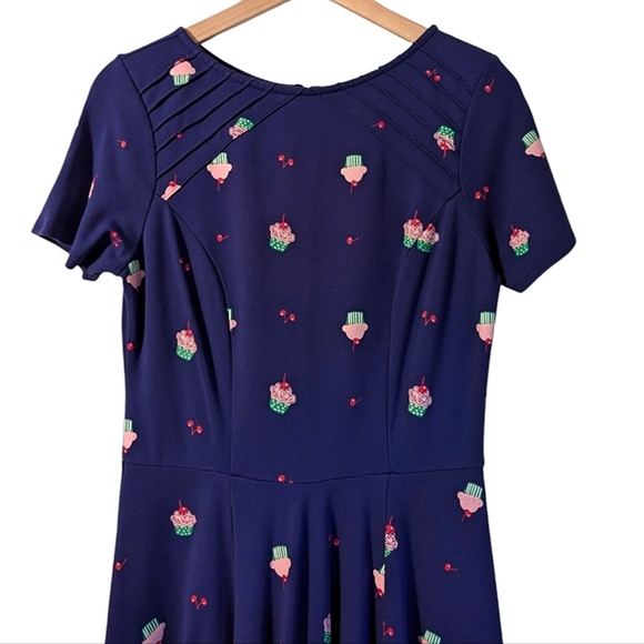 Unique Vintage Cupcake Cherry Short Sleeve Fit And Flare Navy Blue Midi Dress - Picture 3 of 8